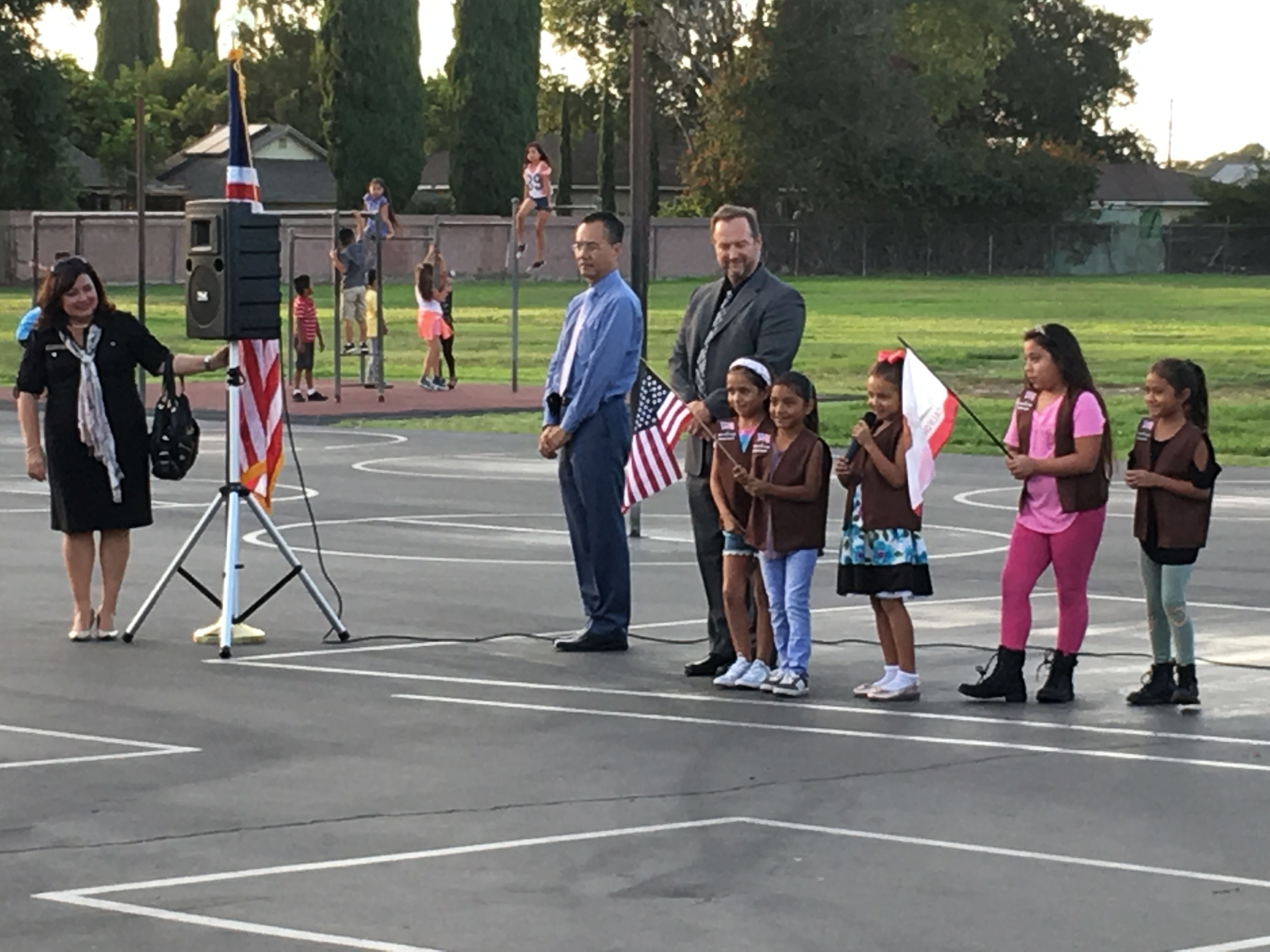 Faylane's Girl Scout troop led a presentation of colors to kick off back to school night with Special Guests Vice President of the School Board Lan Nguyen and Director Luisa Rogers.